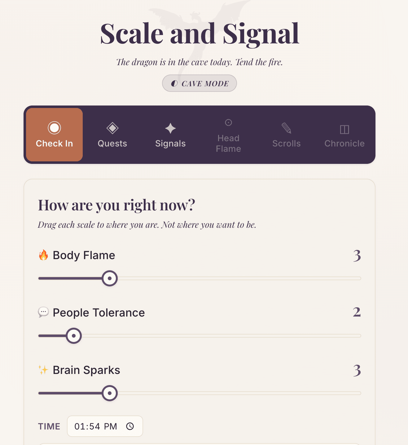 A daily energy check-in screen from a client’s pacing app.