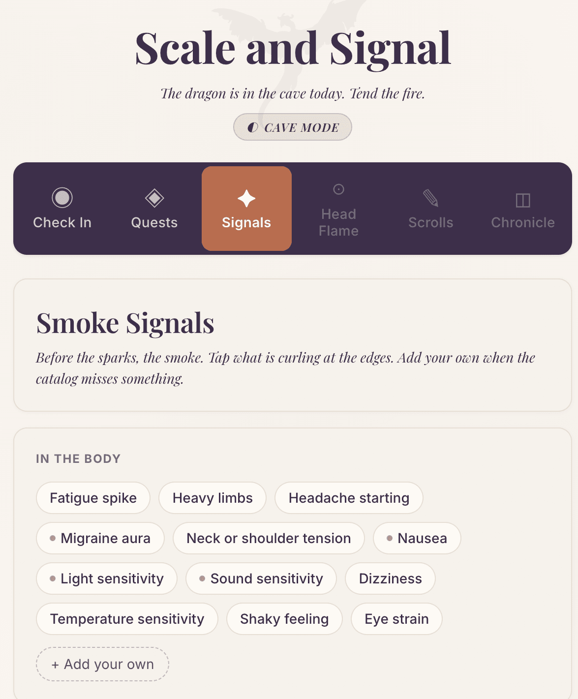 A warning-signs tracking screen from a client’s pacing app.